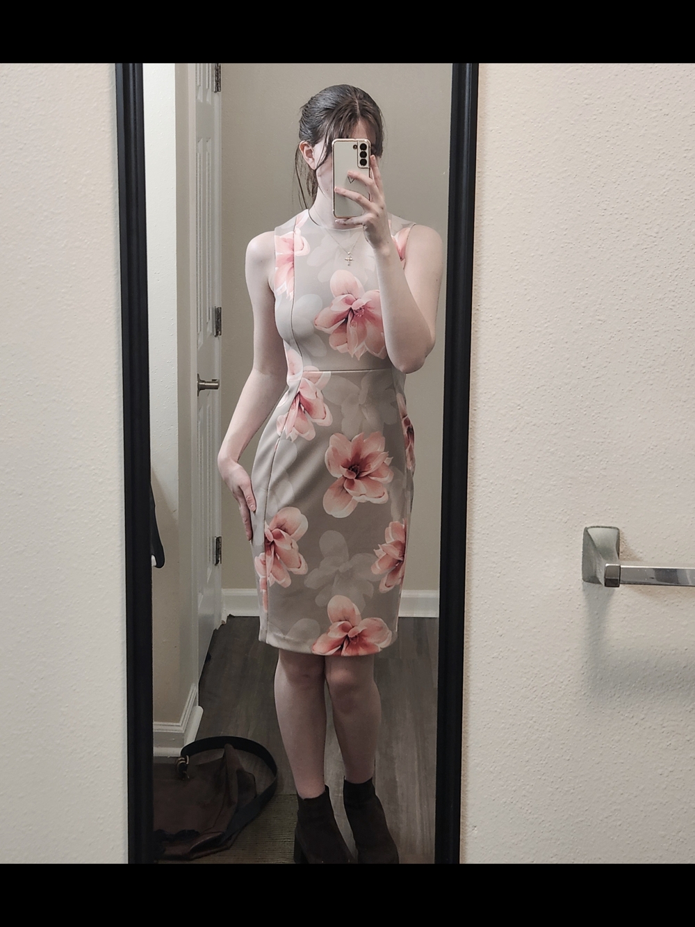 Calvin Klein Beige Midi Dress with Pink Floral Print